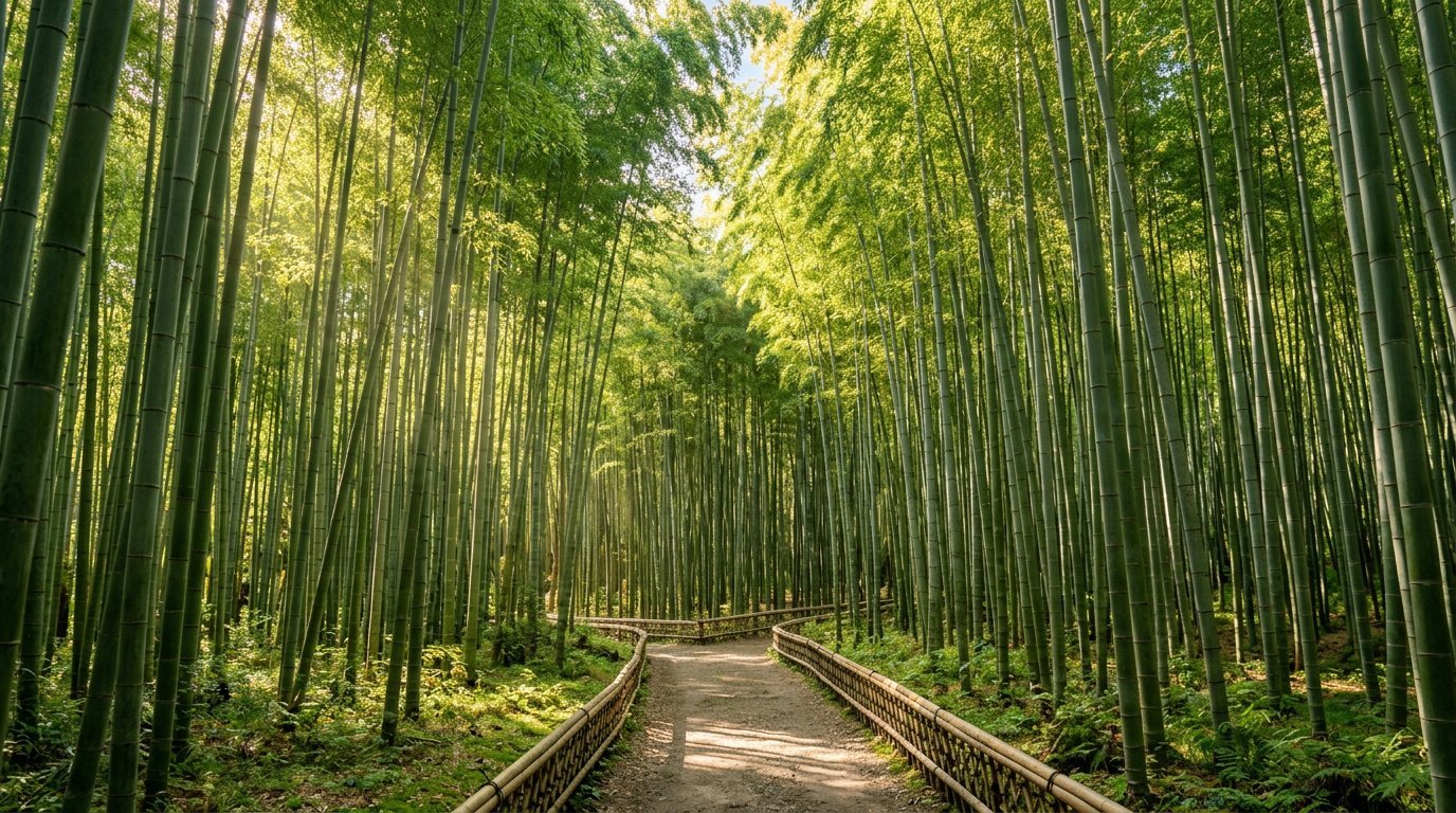 Wooden walkway through a serene bamboo forest with tall green stalks creating a natural corridor